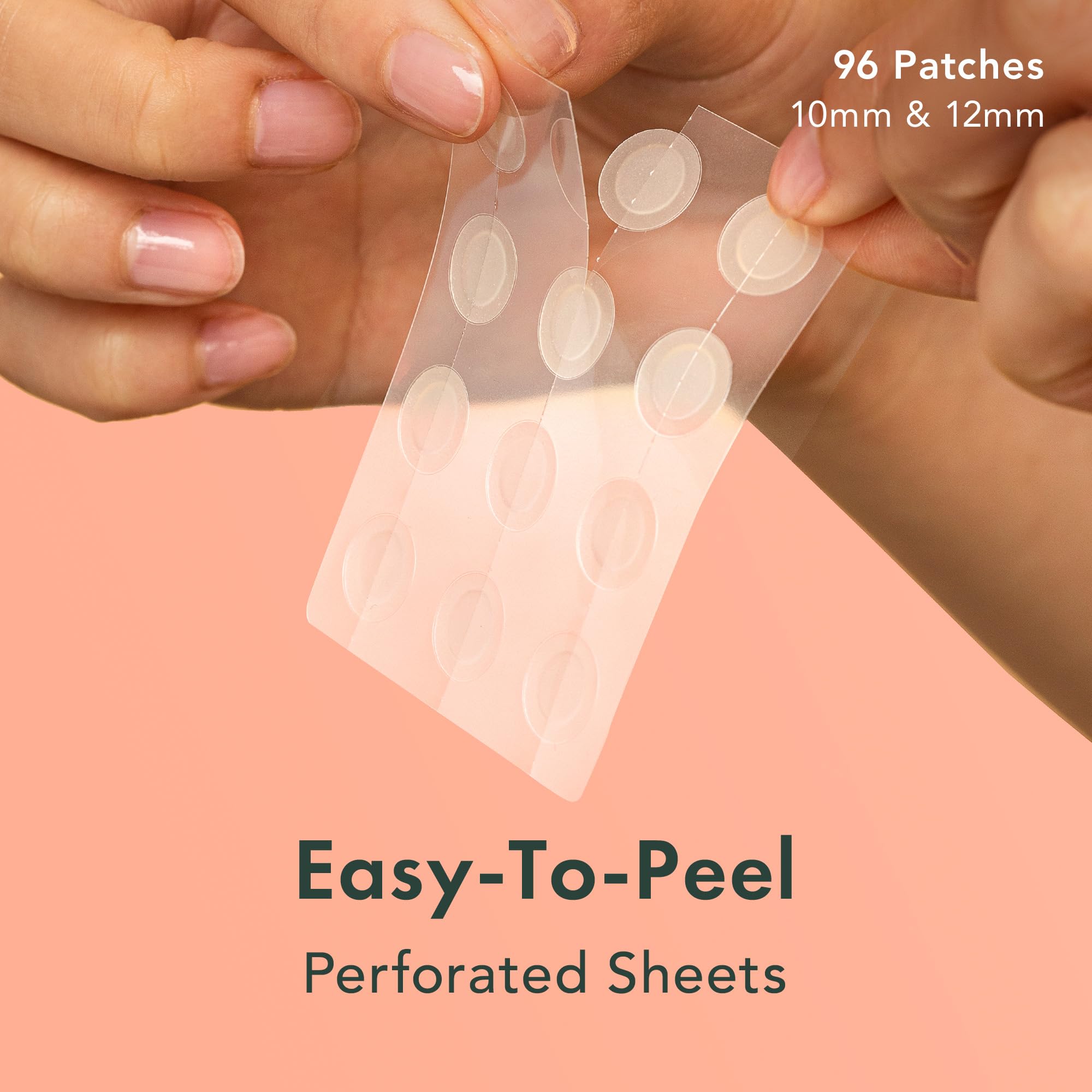 Close up of Rael medical grade hydrocolloid blemish patches in ten millimeter and twelve millimeter sizes.