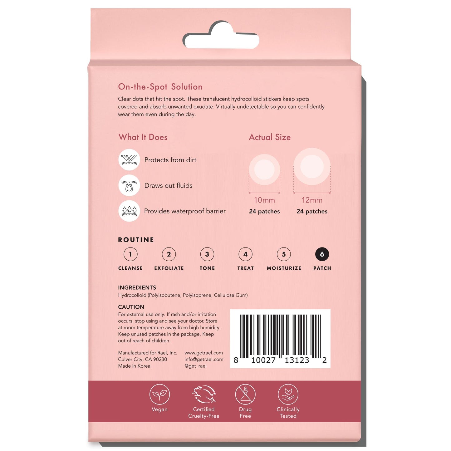 Rael daily acne care routine set including ninety six count invisible spot cover sheet layout.