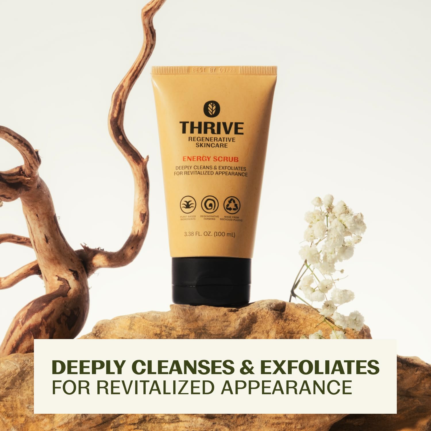 Thrive Energy Scrub 3.38 fluid ounces packaging highlighting vegan and natural claims