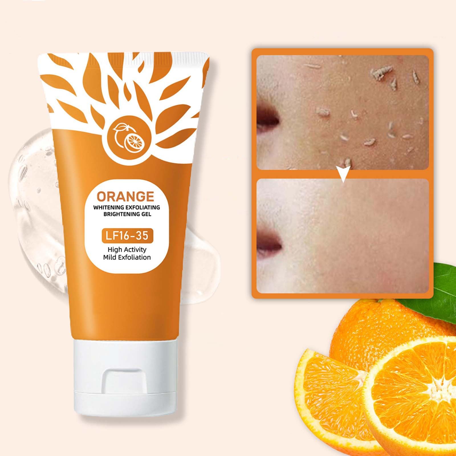 Orange enzyme moisturizing exfoliator tubes showcasing ingredients and product labeling.