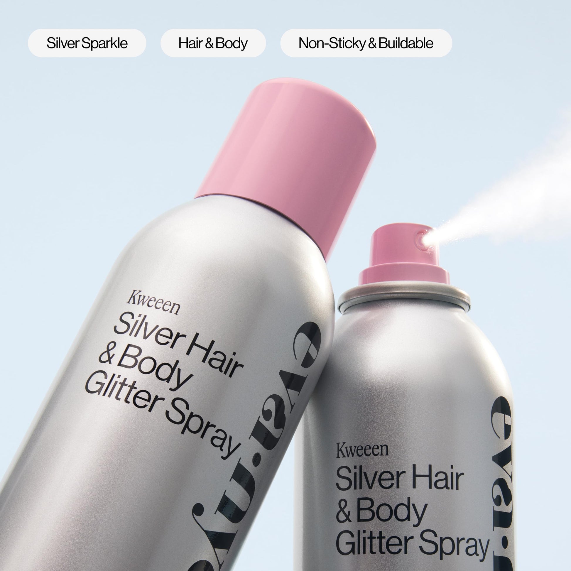 Eva NYC Kweeen silver hair and body glitter spray demonstrating multi dimensional shine under lights