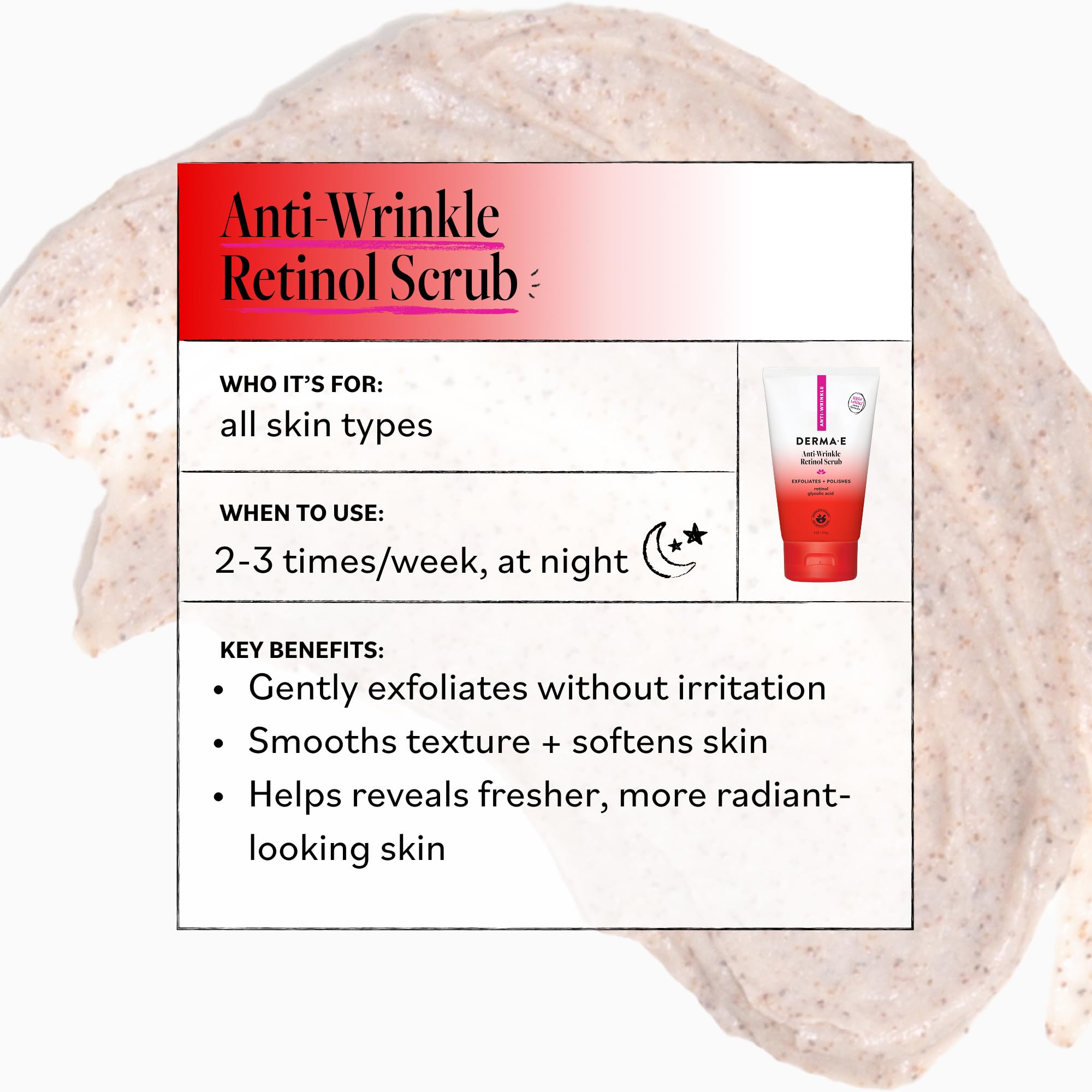 Dermatologist-recommended facial scrub packaging for smoothing fine lines