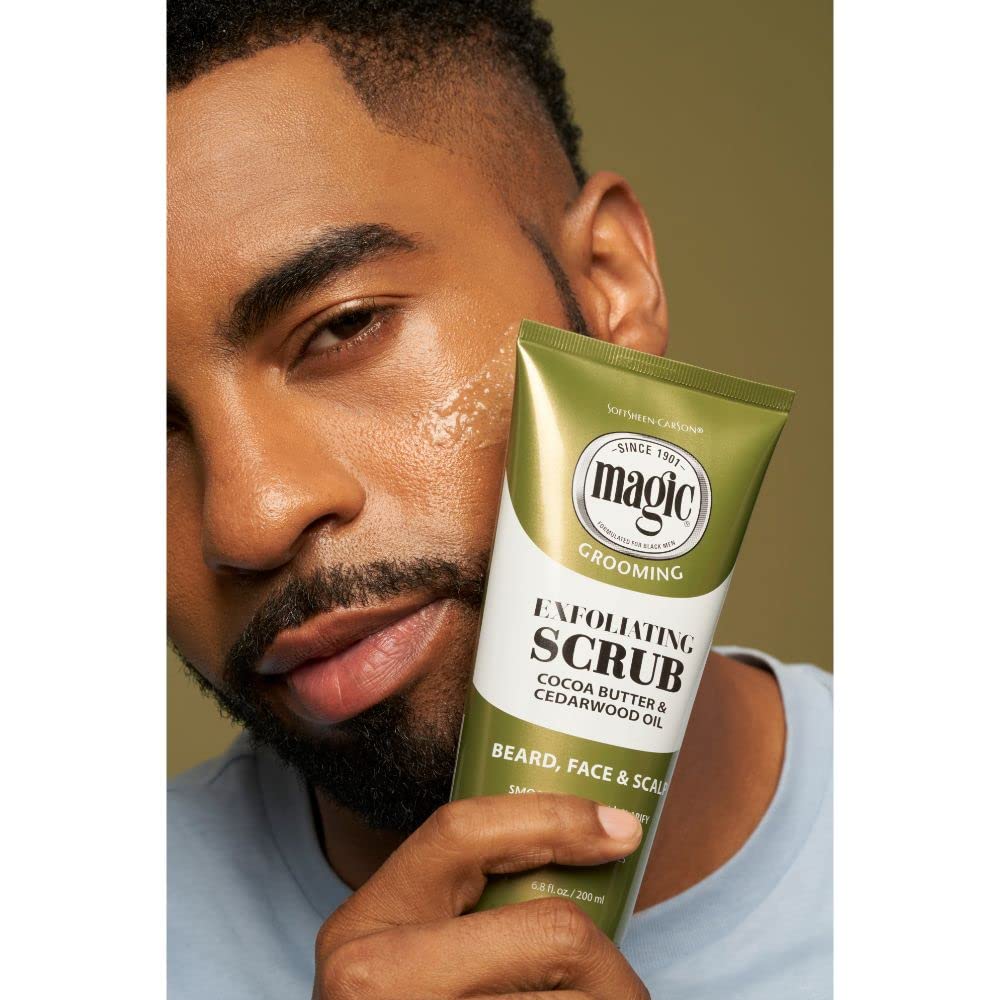 Close-up of olive green packaging for SoftSheen-Carson Magic grooming scrub