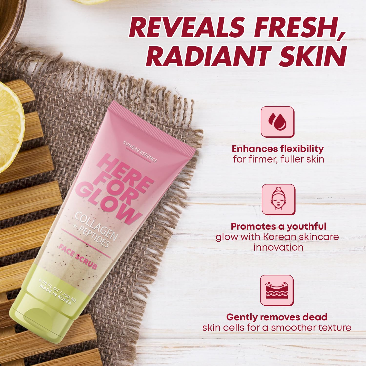 Korean skincare face scrub packaging showing vegan collagen and peptides ingredients