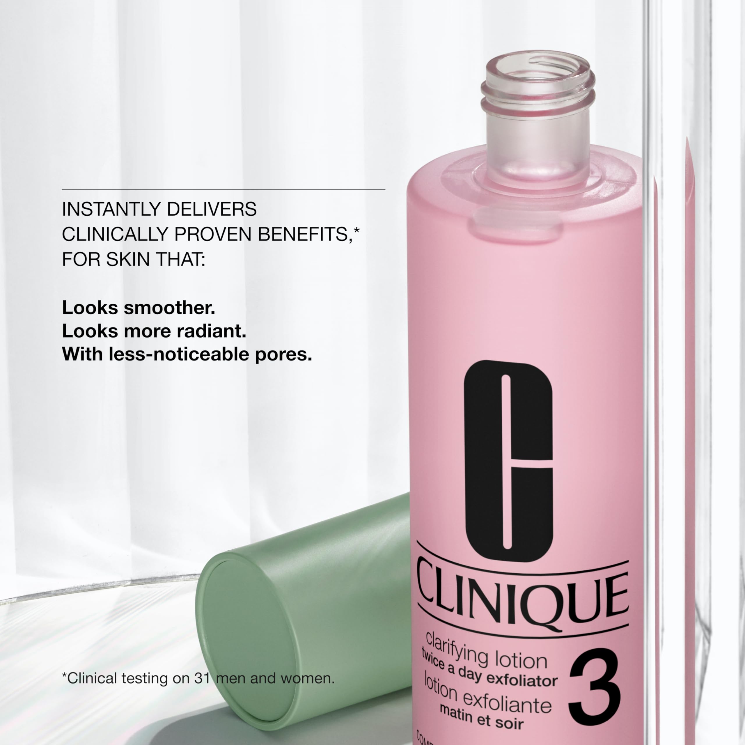 Clinique twice a day exfoliator toner number 3 side profile showing 400ml product label