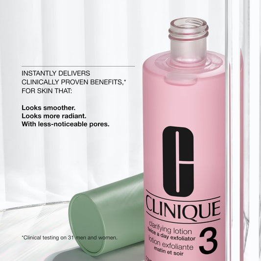 Clinique twice a day exfoliator toner number 3 side profile showing 400ml product label