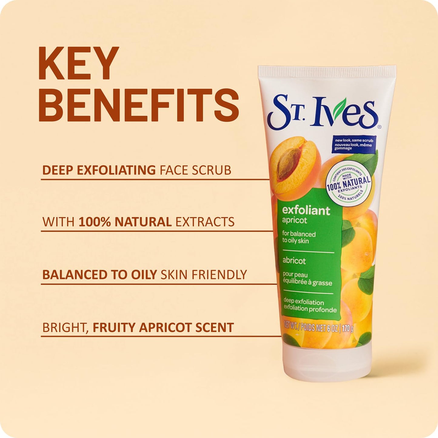 St. Ives Fresh Skin face wash tube displaying natural walnut shell powder details
