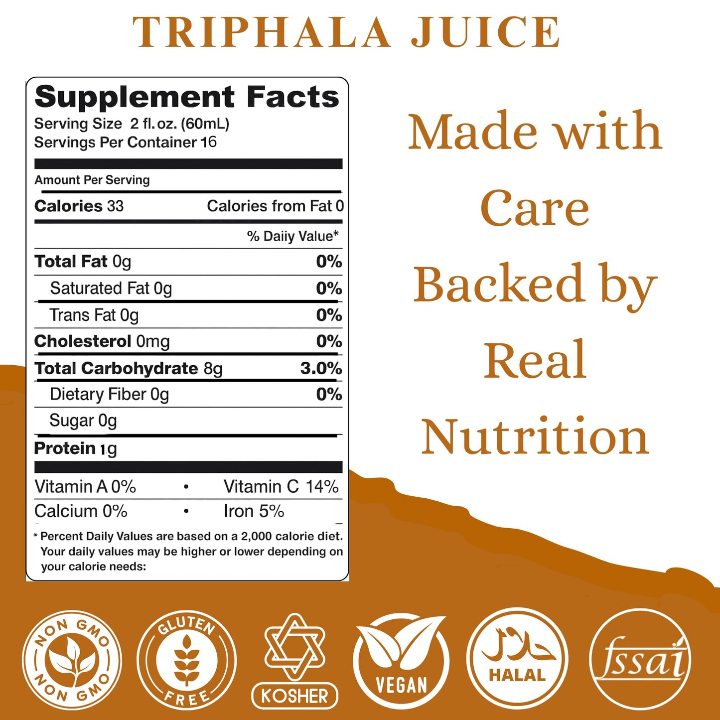 Basic Ayurveda Triphala liquid herbal drink showing pure ingredients panel