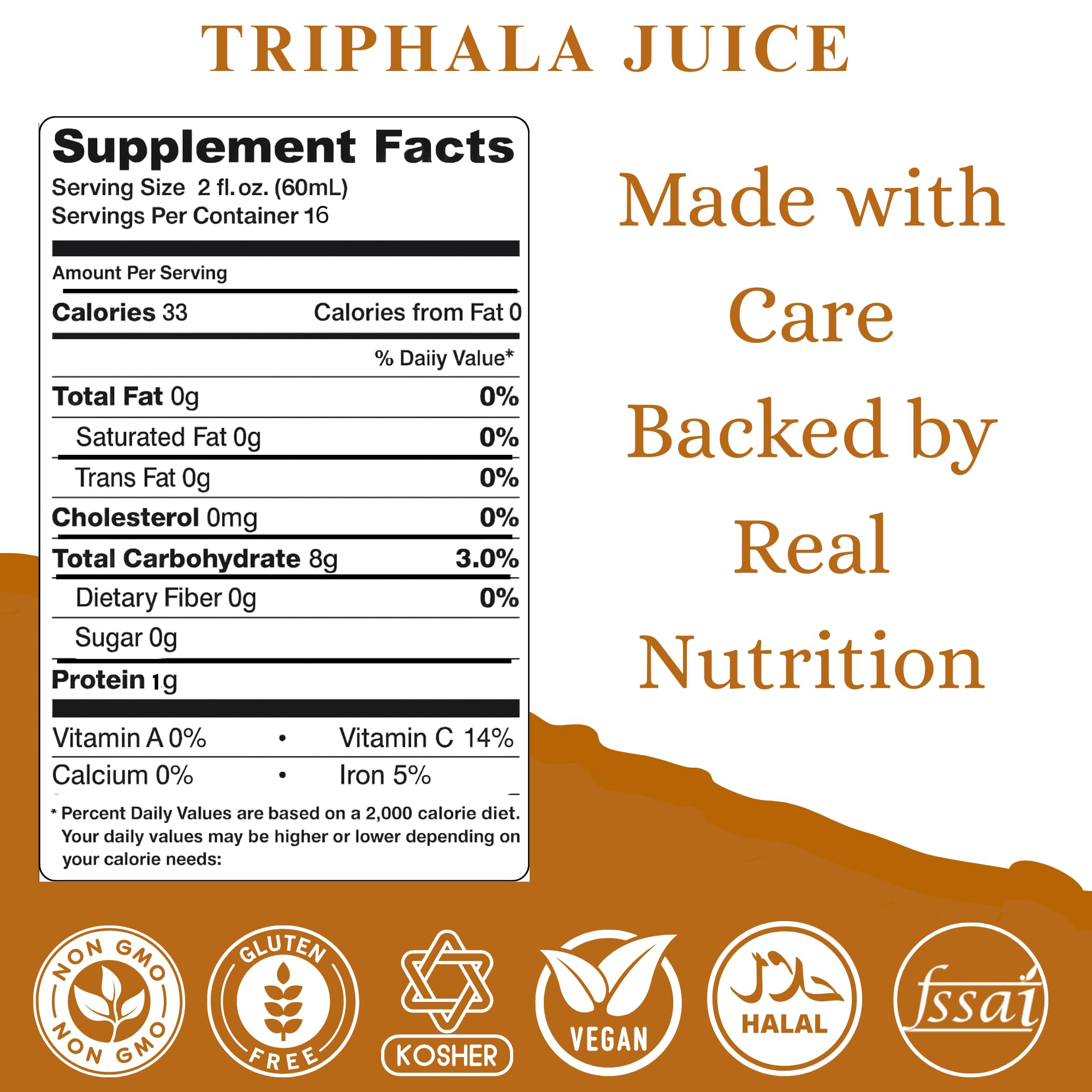 Basic Ayurveda Triphala liquid herbal drink showing pure ingredients panel
