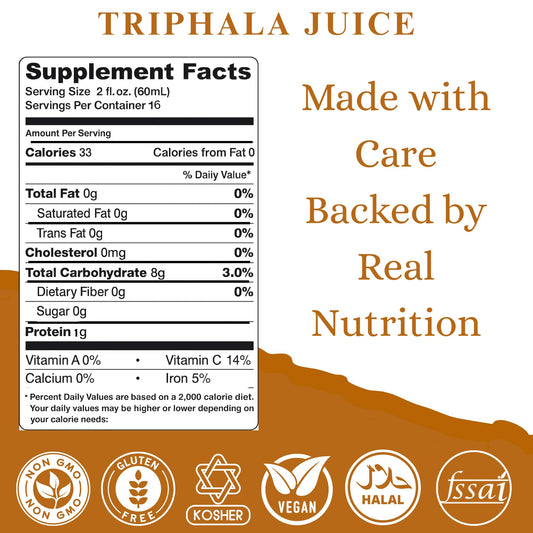 Basic Ayurveda Triphala liquid herbal drink showing pure ingredients panel