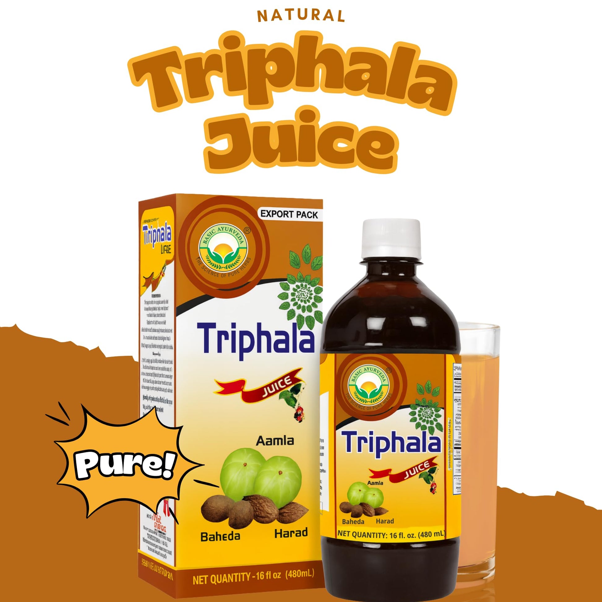 Back label of authentic Basic Ayurveda Triphala juice 32.46 fluid ounce