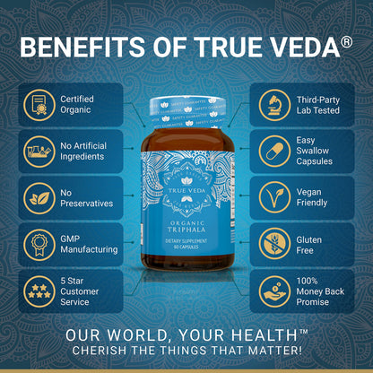 True Veda Triphala Organic capsules back label showing supplement facts and organic certification