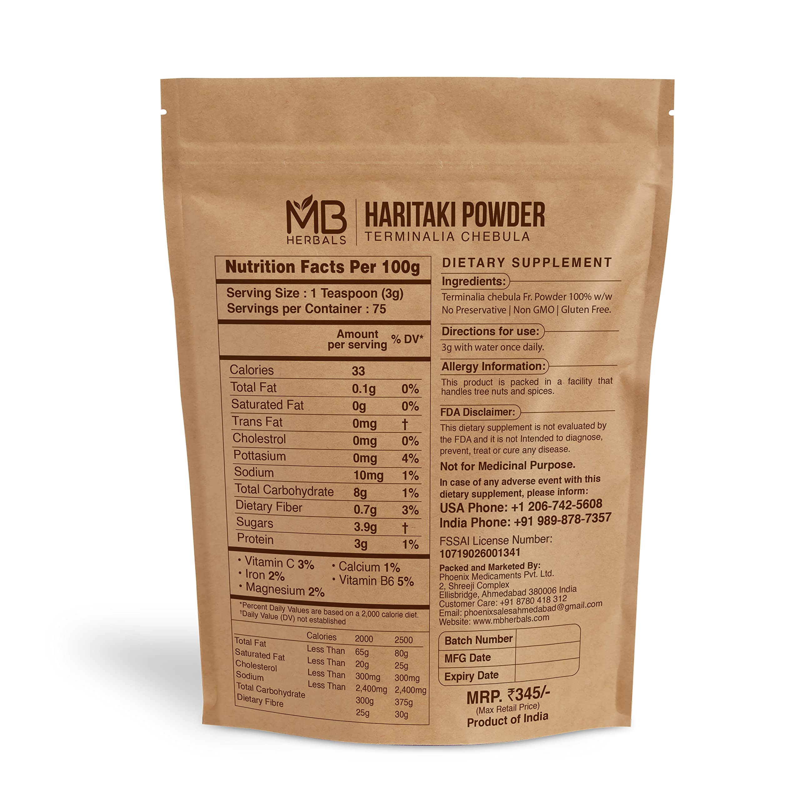 Pure Terminalia Chebula Harde powder supplement packaging showing 100% natural product details