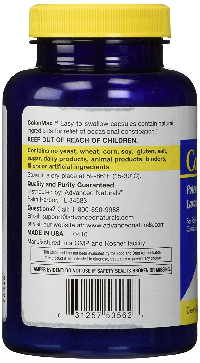 Advanced Naturals ColonMax supplement bottle showcasing the senna free formula and dietary features