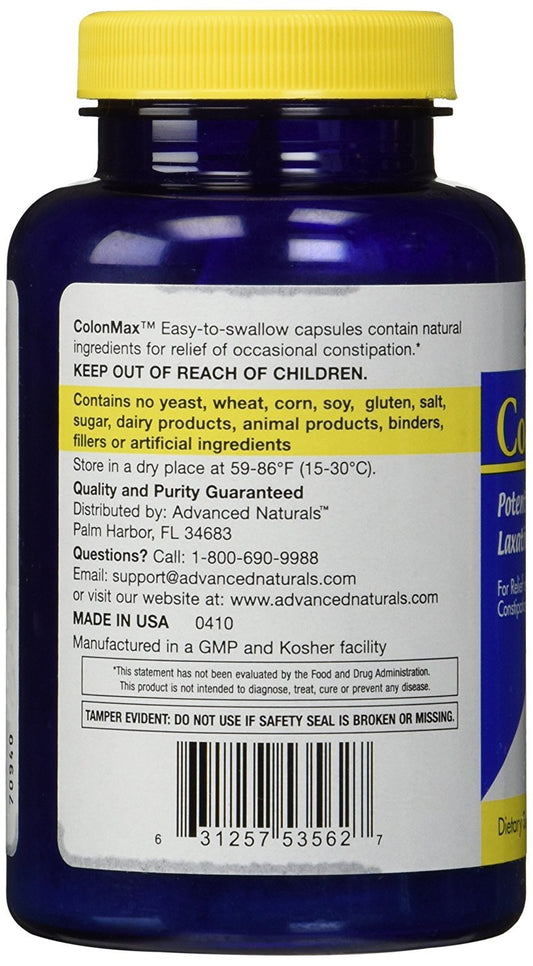 Advanced Naturals ColonMax supplement bottle showcasing the senna free formula and dietary features