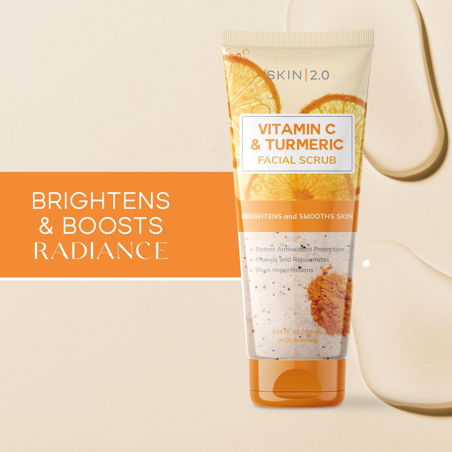 Skin 2.0 exfoliating cream scrub tube displaying citrus graphics and product benefits