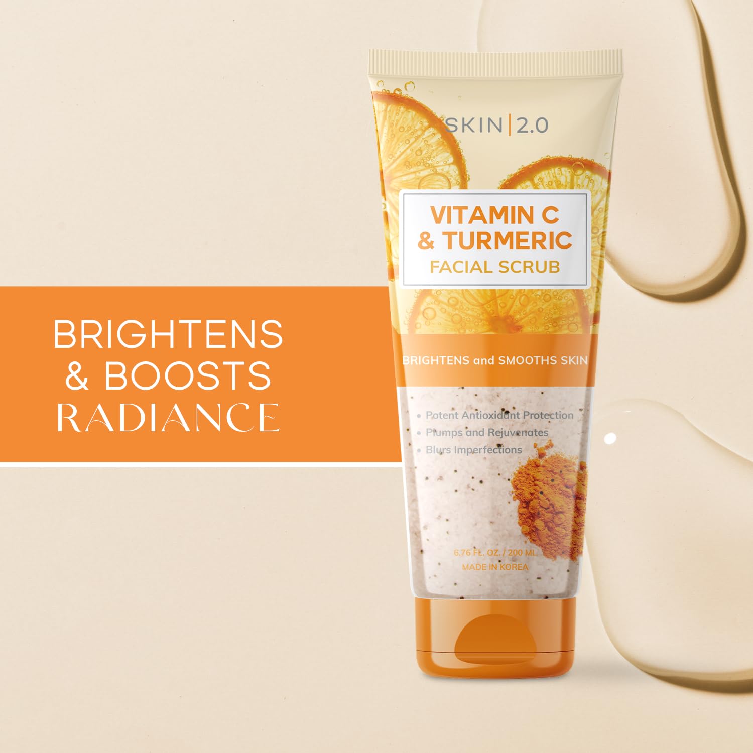 Skin 2.0 exfoliating cream scrub tube displaying citrus graphics and product benefits