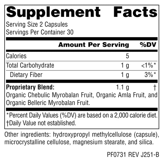 Planetary Herbals Triphala Gold dietary supplement bottle showing Ayurvedic formula ingredients list