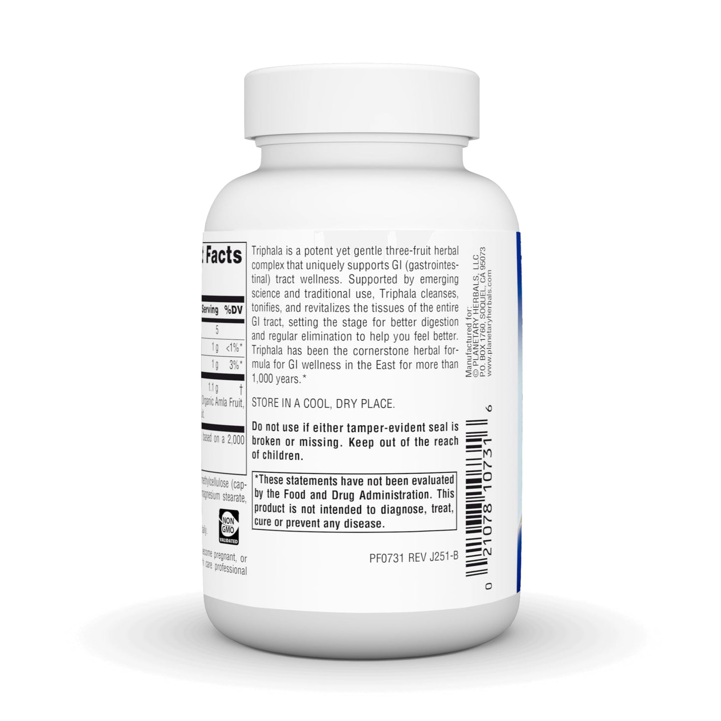 Side label view of Planetary Herbals Triphala Gold bottle displaying product directions and safety seals