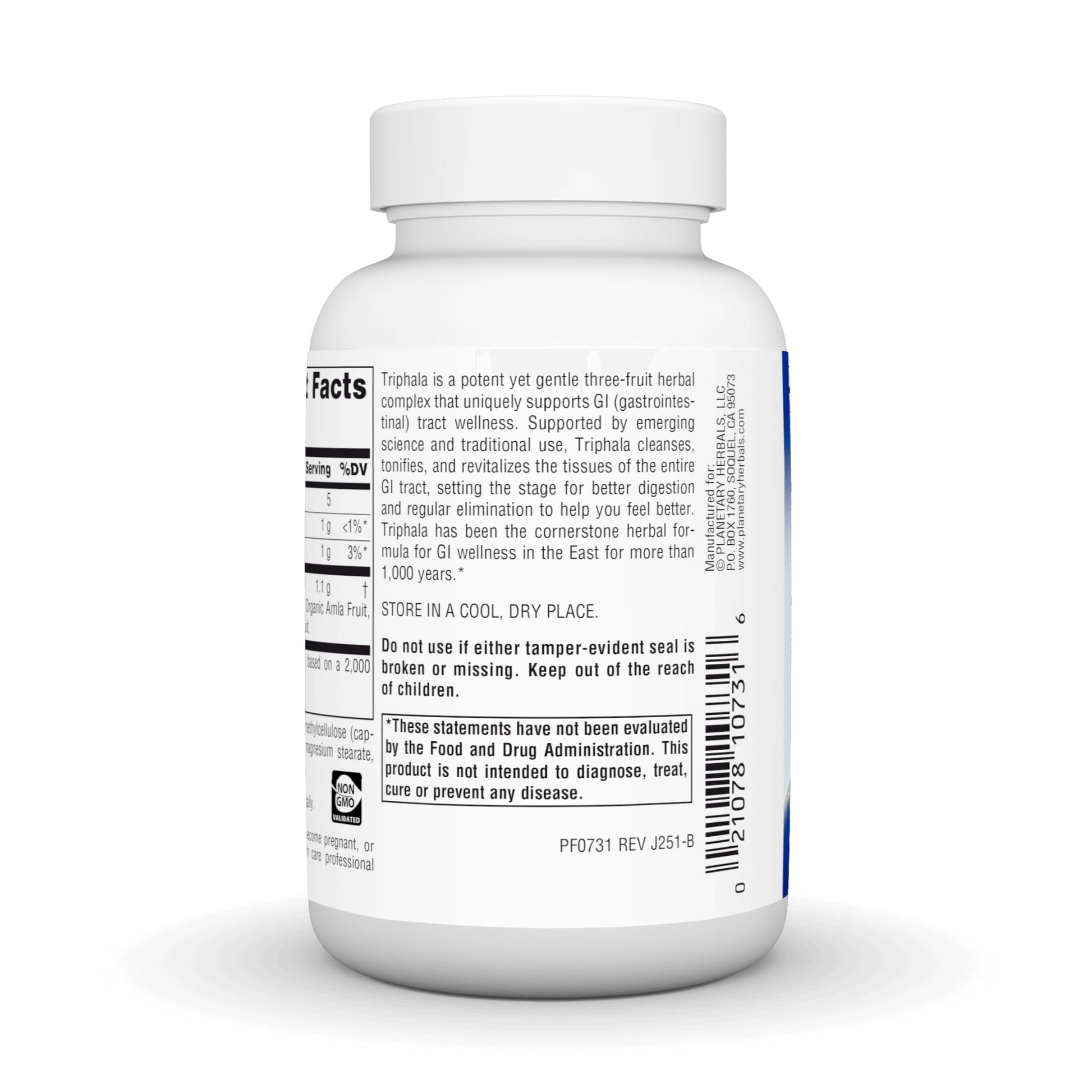 Side label view of Planetary Herbals Triphala Gold bottle displaying product directions and safety seals