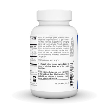 Side label view of Planetary Herbals Triphala Gold bottle displaying product directions and safety seals
