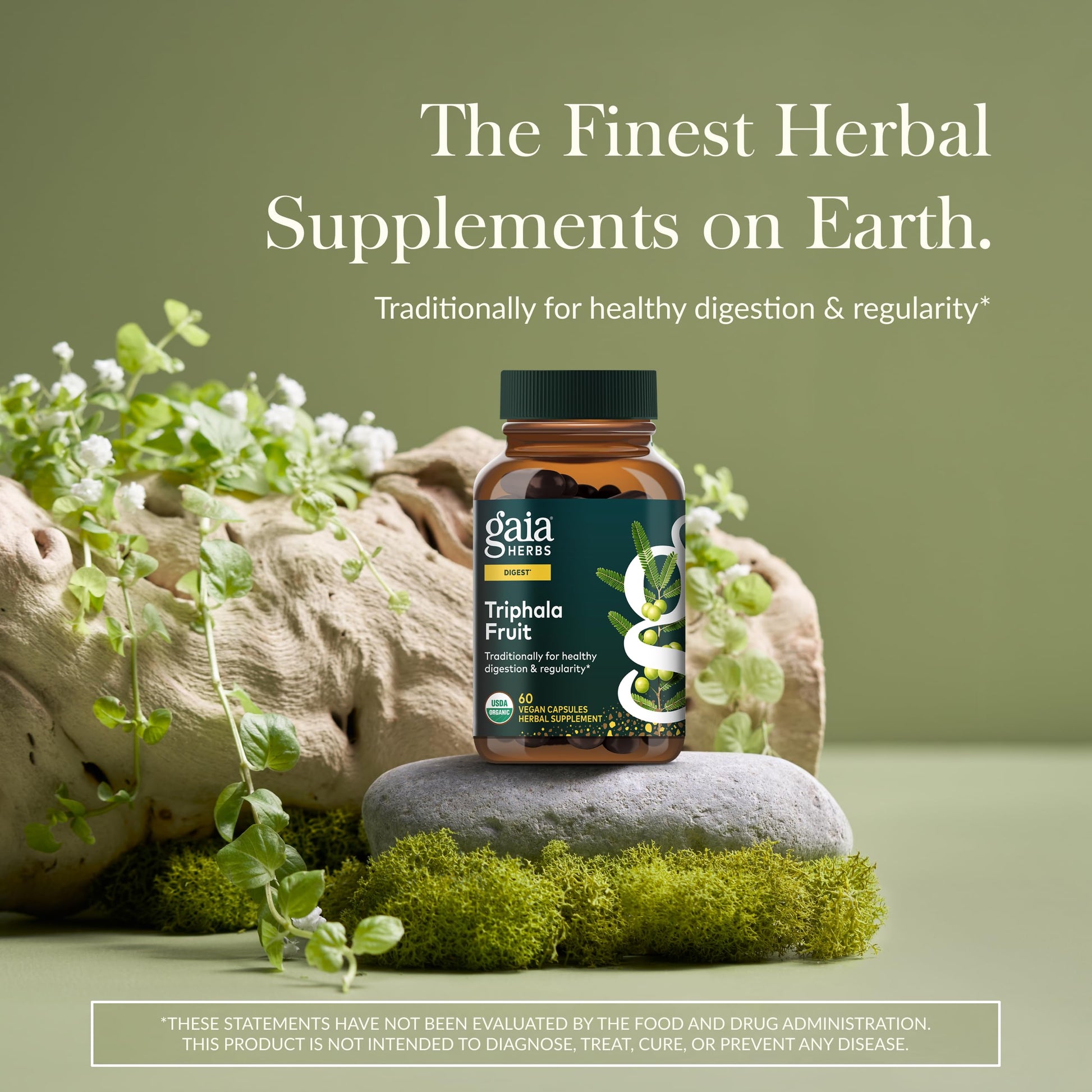 Gaia Herbs Triphala supplement bottle showcasing USDA Organic and vegan certifications
