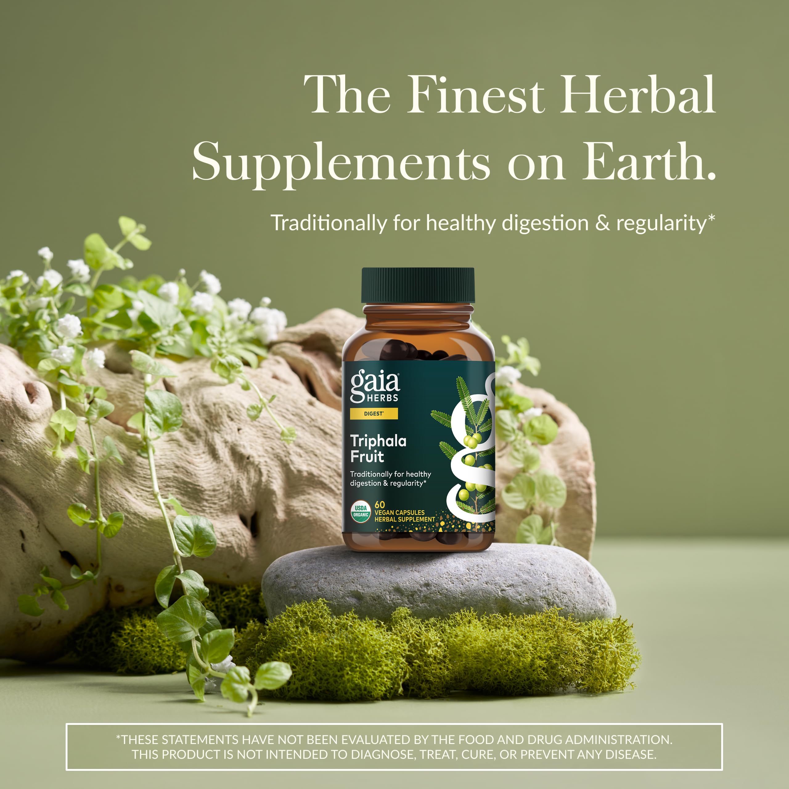 Gaia Herbs Triphala supplement bottle showcasing USDA Organic and vegan certifications
