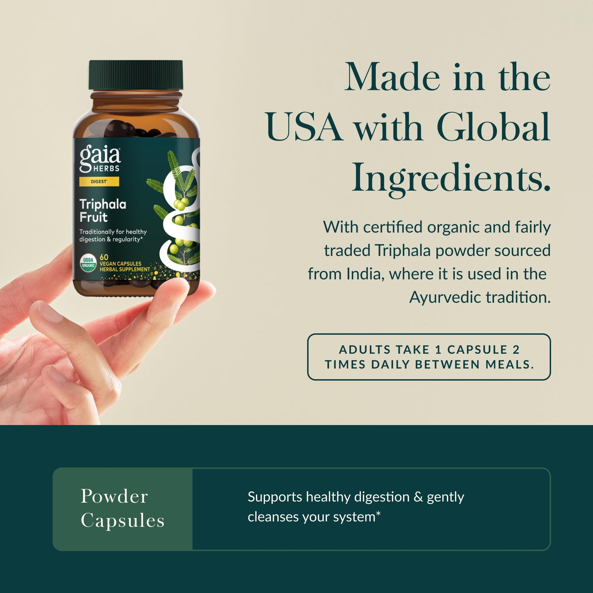 Organic triphala capsules bottle with clear text detailing the Amla fruit blend benefits