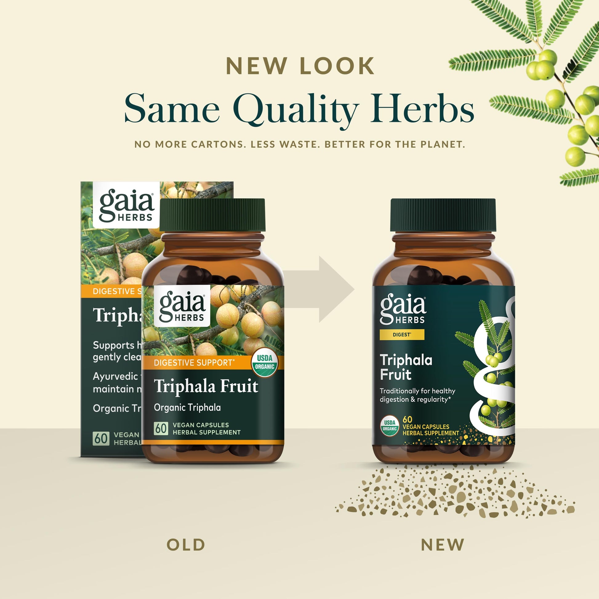 Authentic imported Gaia Herbs Triphala bottle featuring the MeetYourHerbs validation id