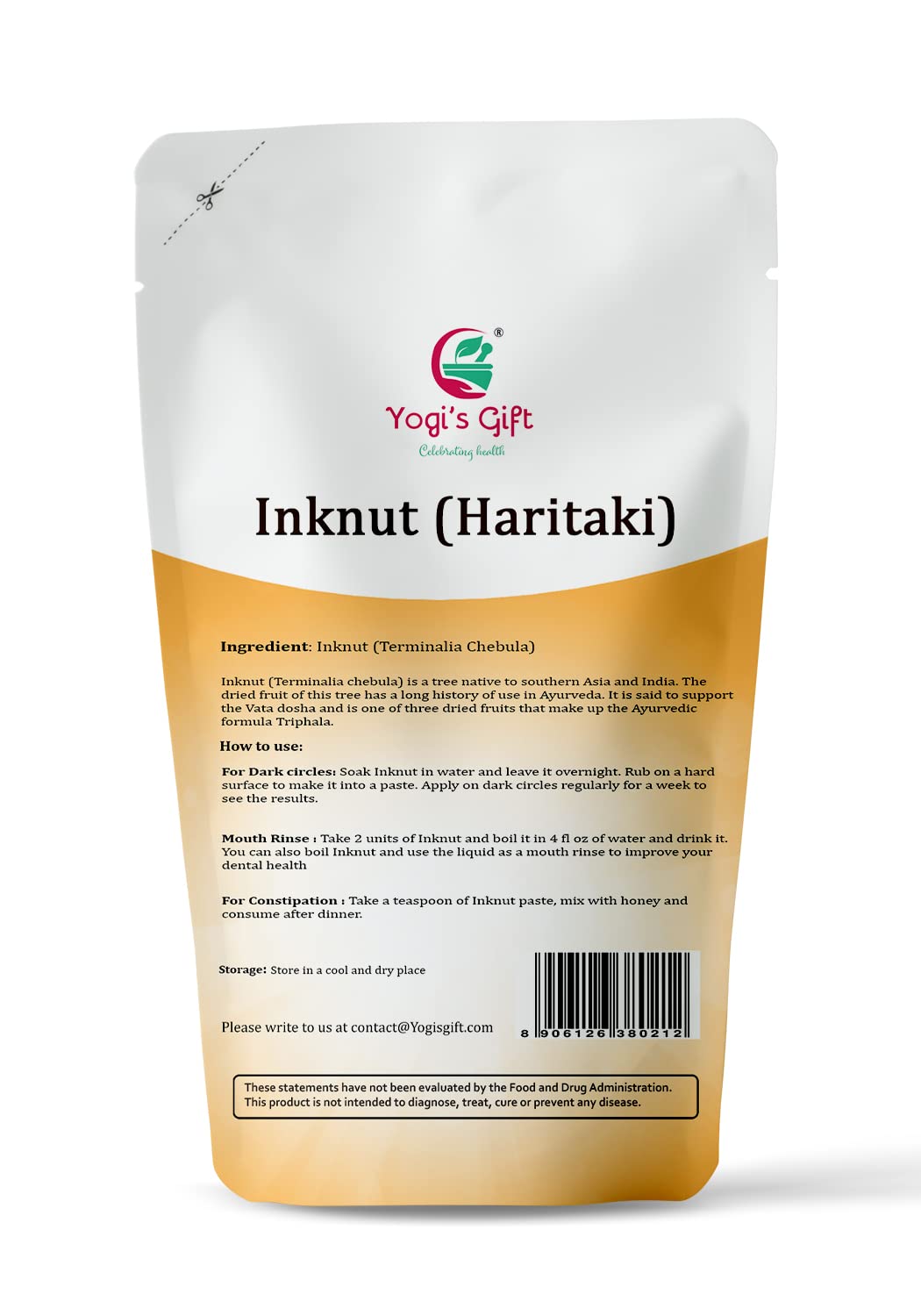 Dried whole Terminalia chebula fruits spread next to the Yogi's Gift package showing authentic product texture.