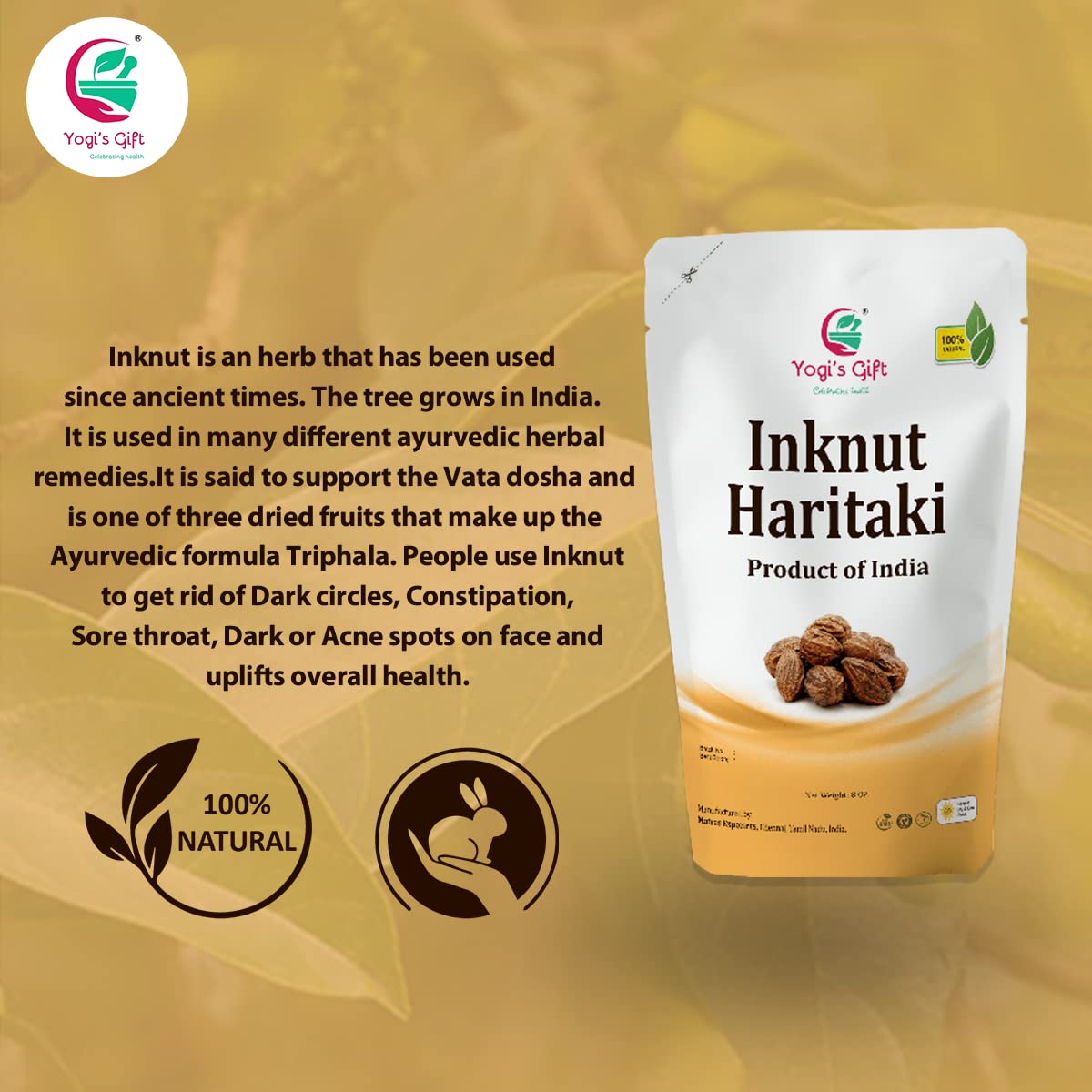 Close up view of whole dried Haritaki fruits illustrating the premium quality of the Ayurvedic eye remedy.