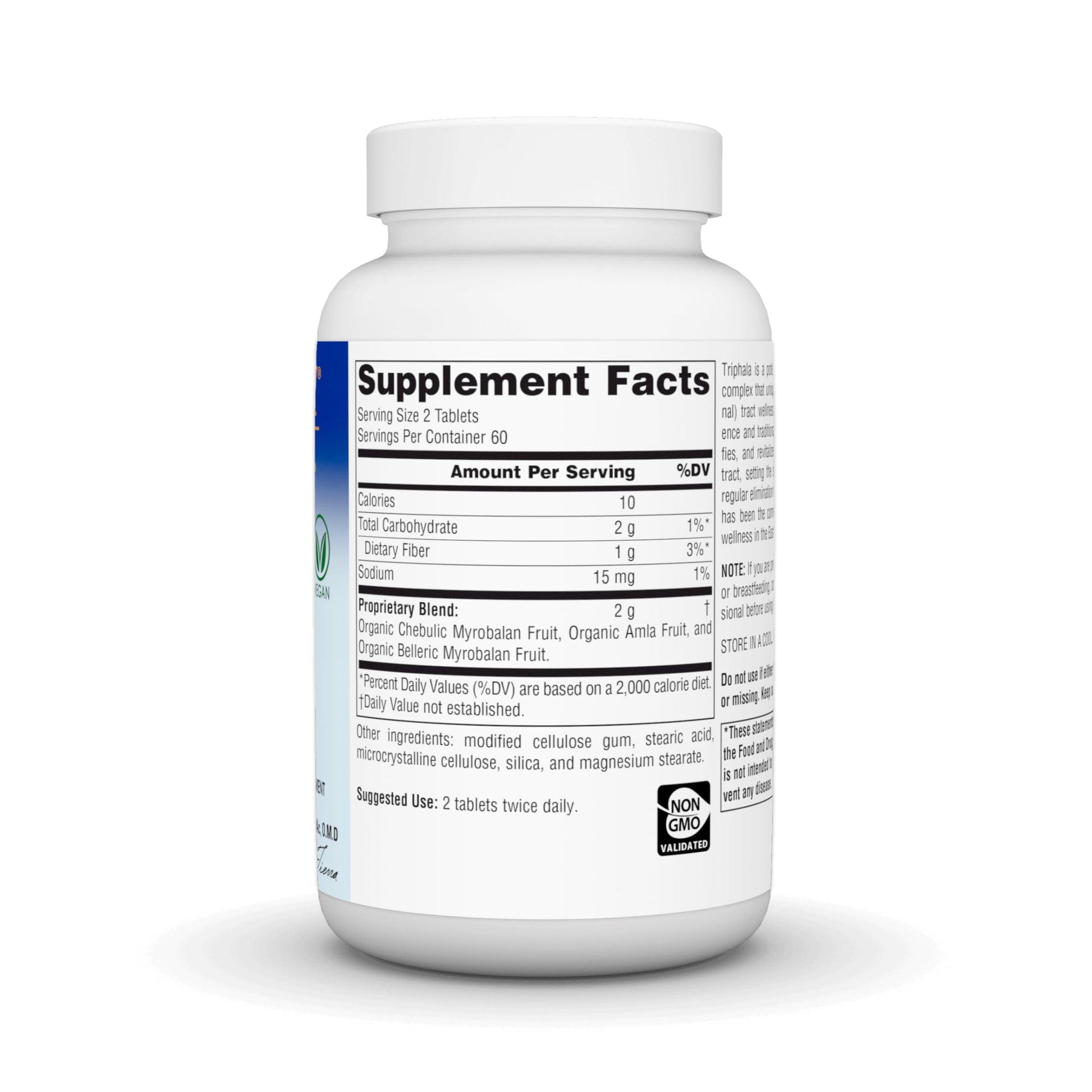 Side view of Planetary Herbals Triphala Gold 120 tablets bottle highlighting Ayurvedic benefits.