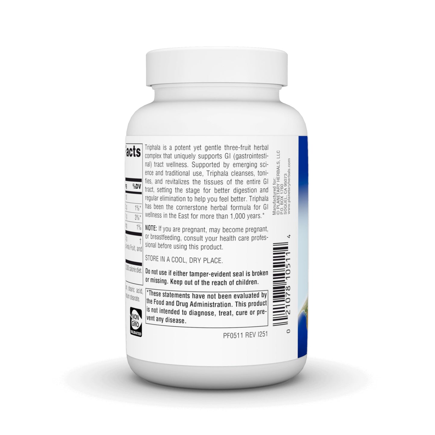Planetary Herbals Triphala Gold extra strength 1000mg container cap and safety seal.