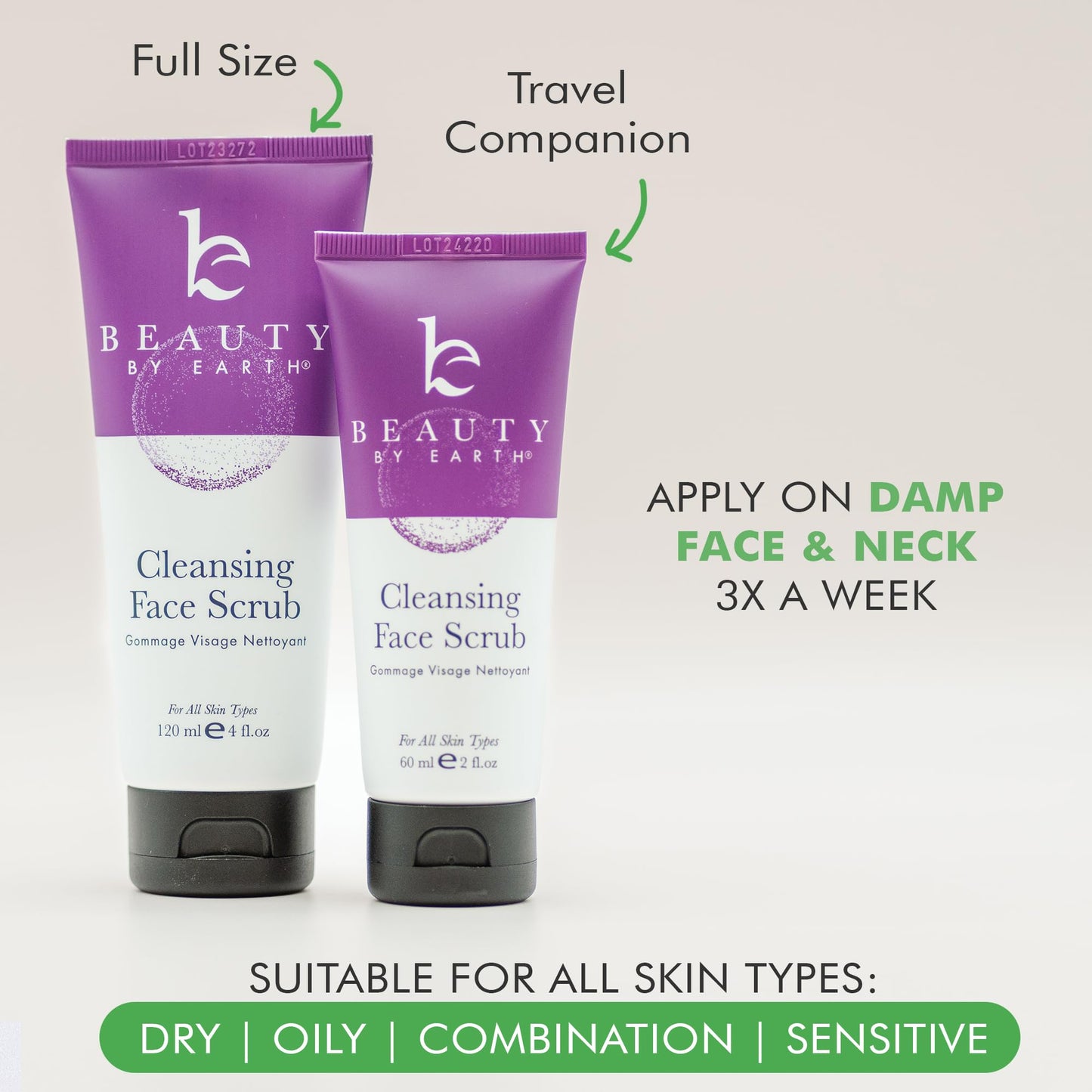 Side profile of Beauty by Earth 2 fluid ounce scrub tube