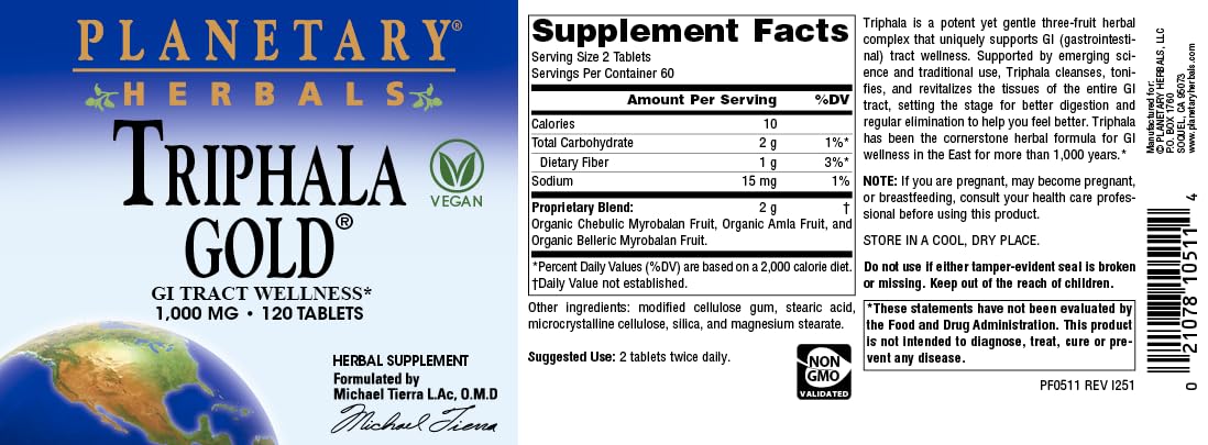 Planetary Herbals Triphala Gold herbal supplement bottle details and Michael Tierra formulation note.