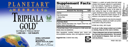 Planetary Herbals Triphala Gold herbal supplement bottle details and Michael Tierra formulation note.