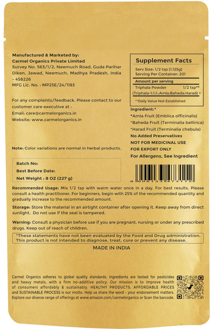 Carmel Organics equal blend Triphala churna nutritional facts and organic certification labels.