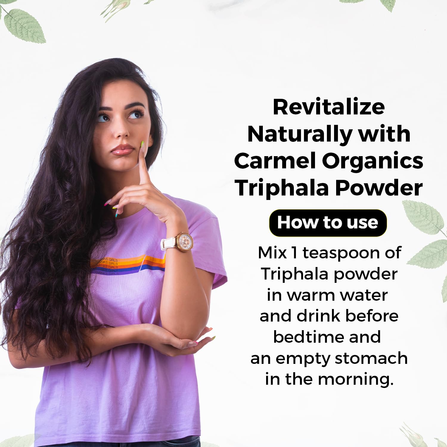 Premium imported Triphala fruits powder from Carmel Organics for gut health regulation.