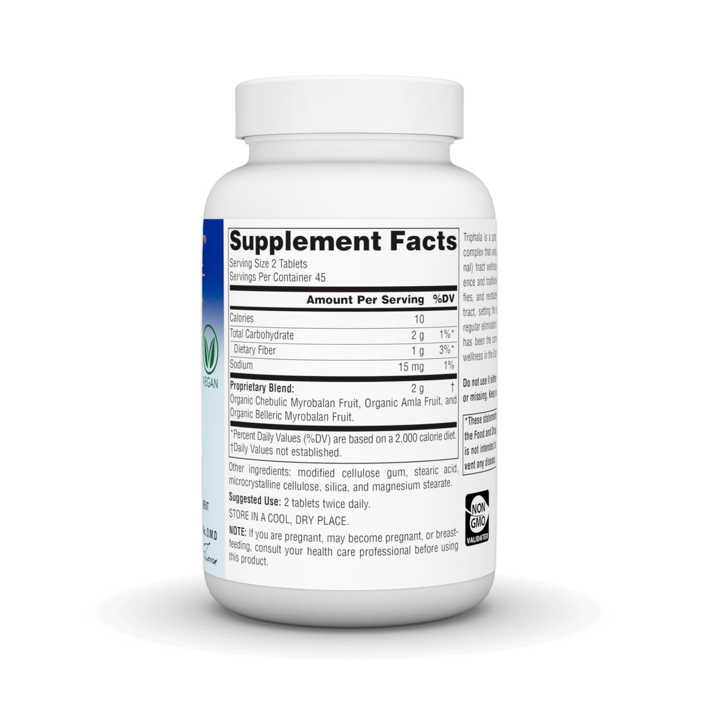 Planetary Herbals Triphala vegan formula tablets back panel