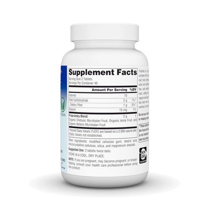 Planetary Herbals Triphala vegan formula tablets back panel