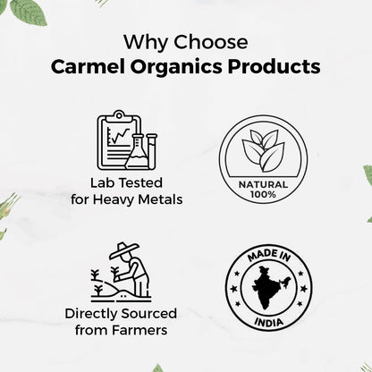 Side view of non GMO certified Carmel Organics Triphala powder without added sugar.