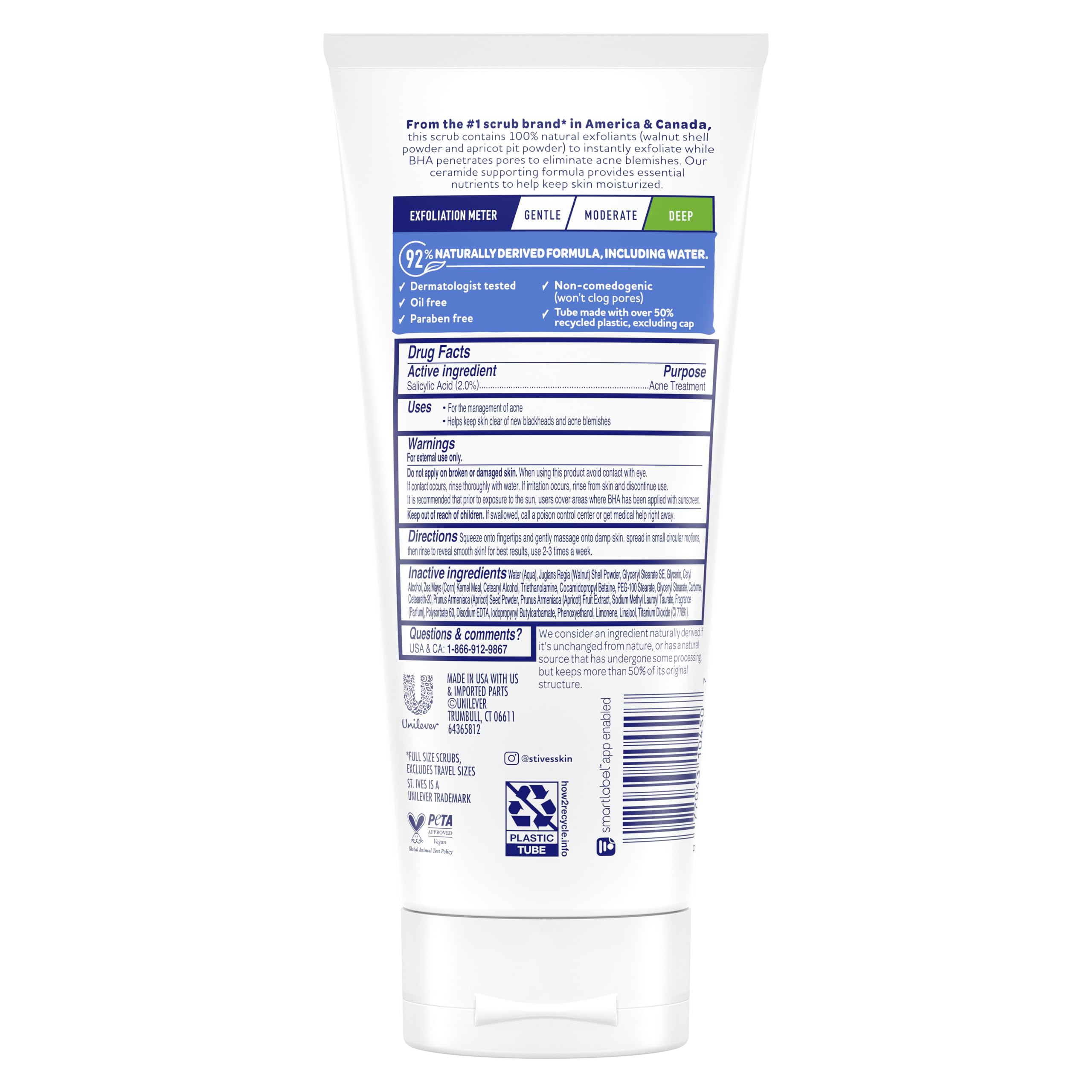 St. Ives Acne Control Apricot Scrub tube showing active salicylic acid acne medication information.