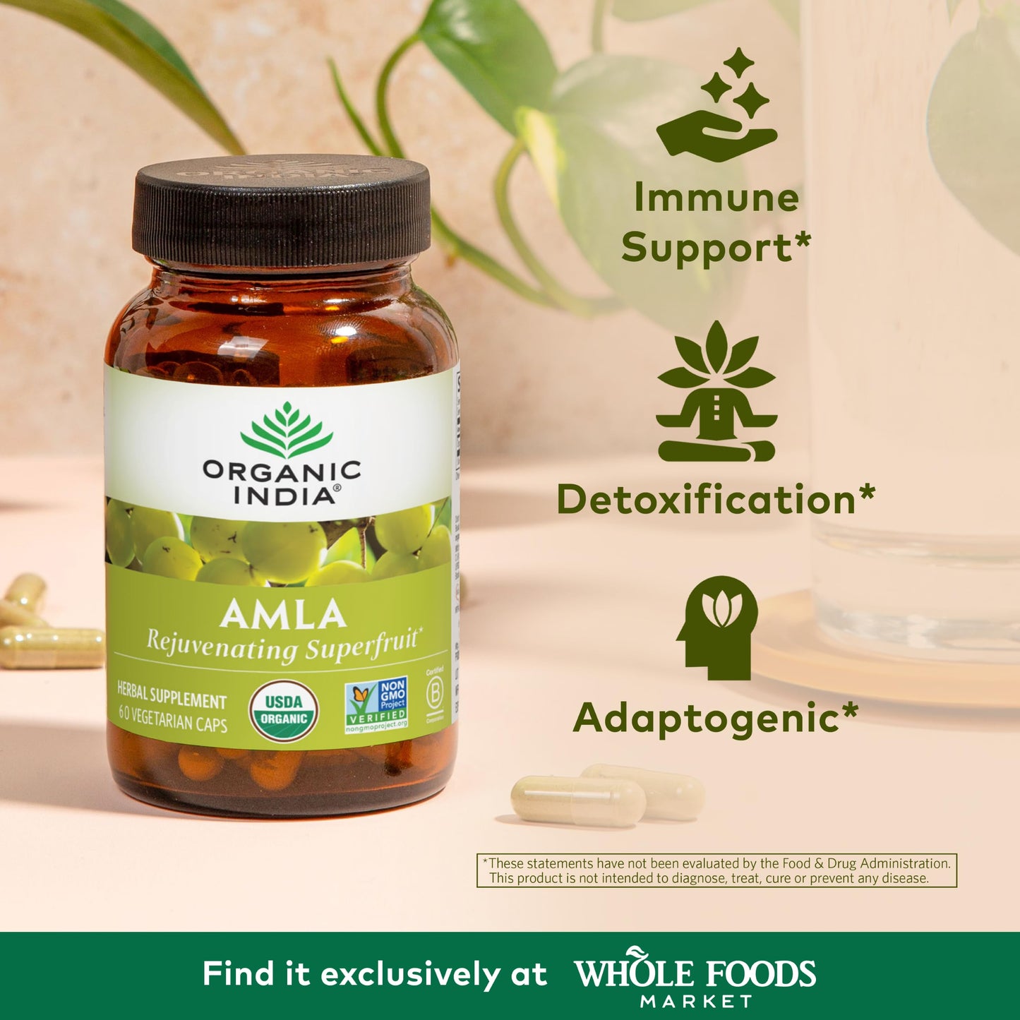 Organic India Amalaki herbal supplement bottle displaying ingredient list and nutritional facts label.