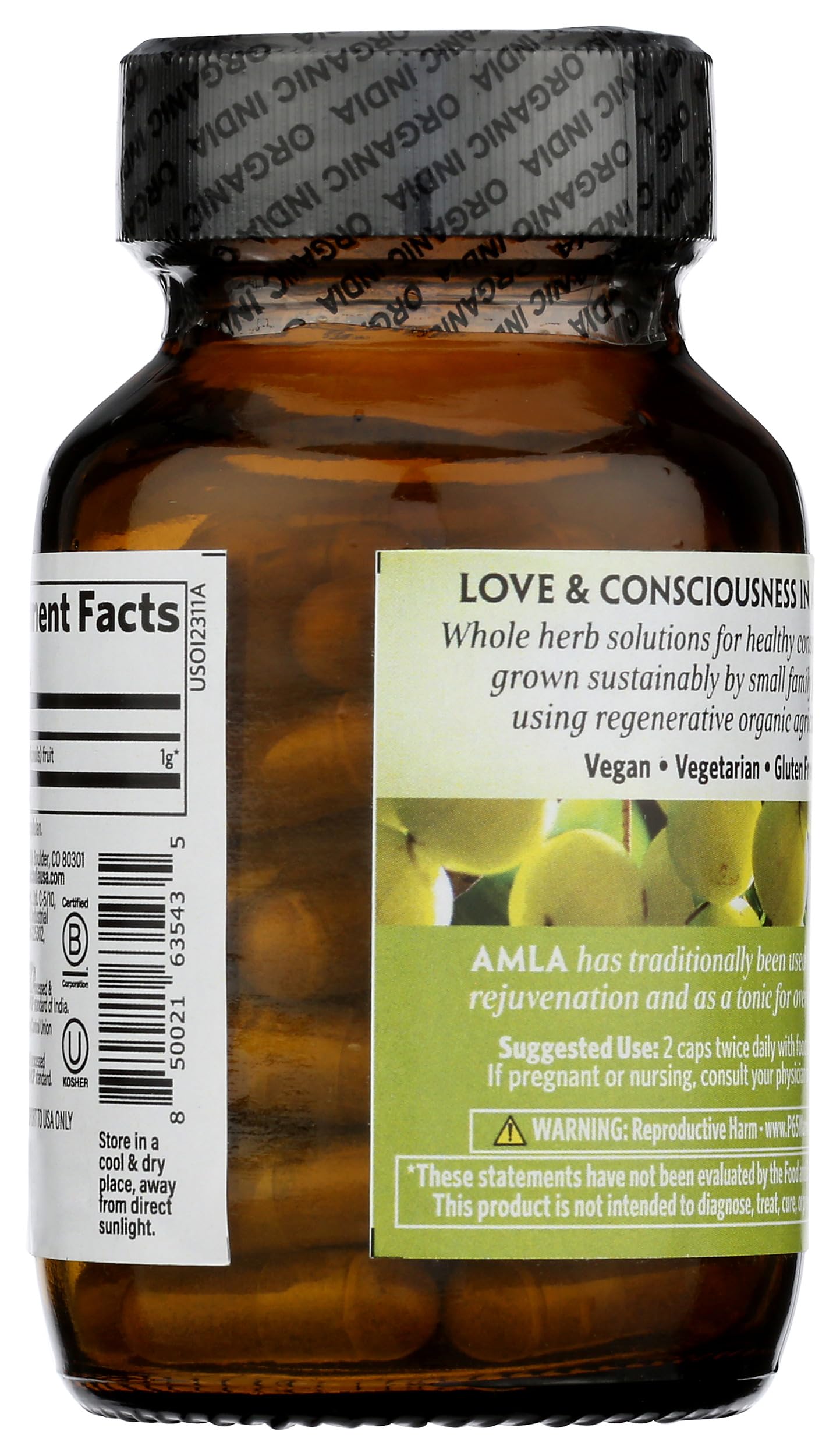 Organic India immune support capsules showcasing USDA Organic and Non GMO verified seals.