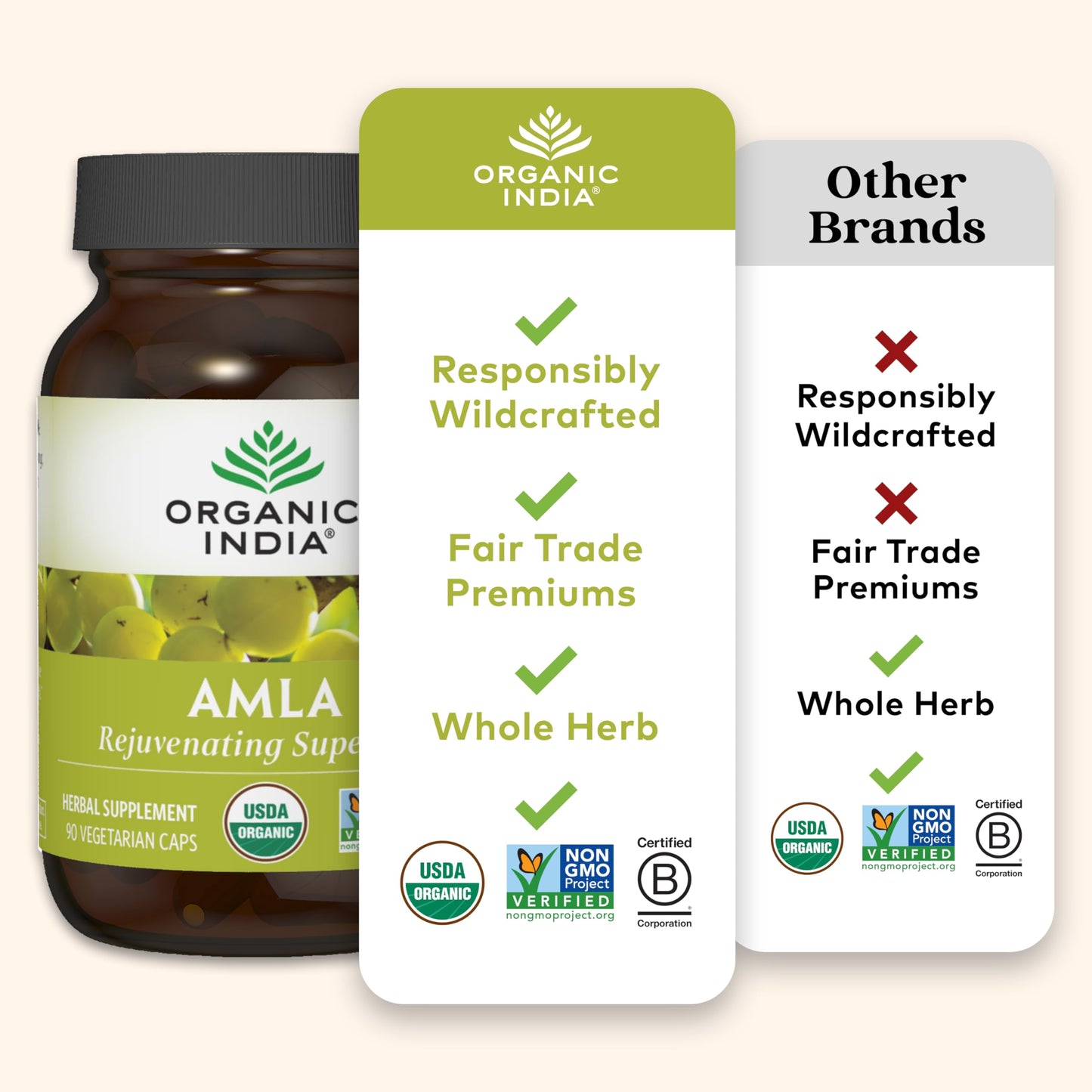 Authentic imported bottle of Organic India amla showing certified organic security printing.