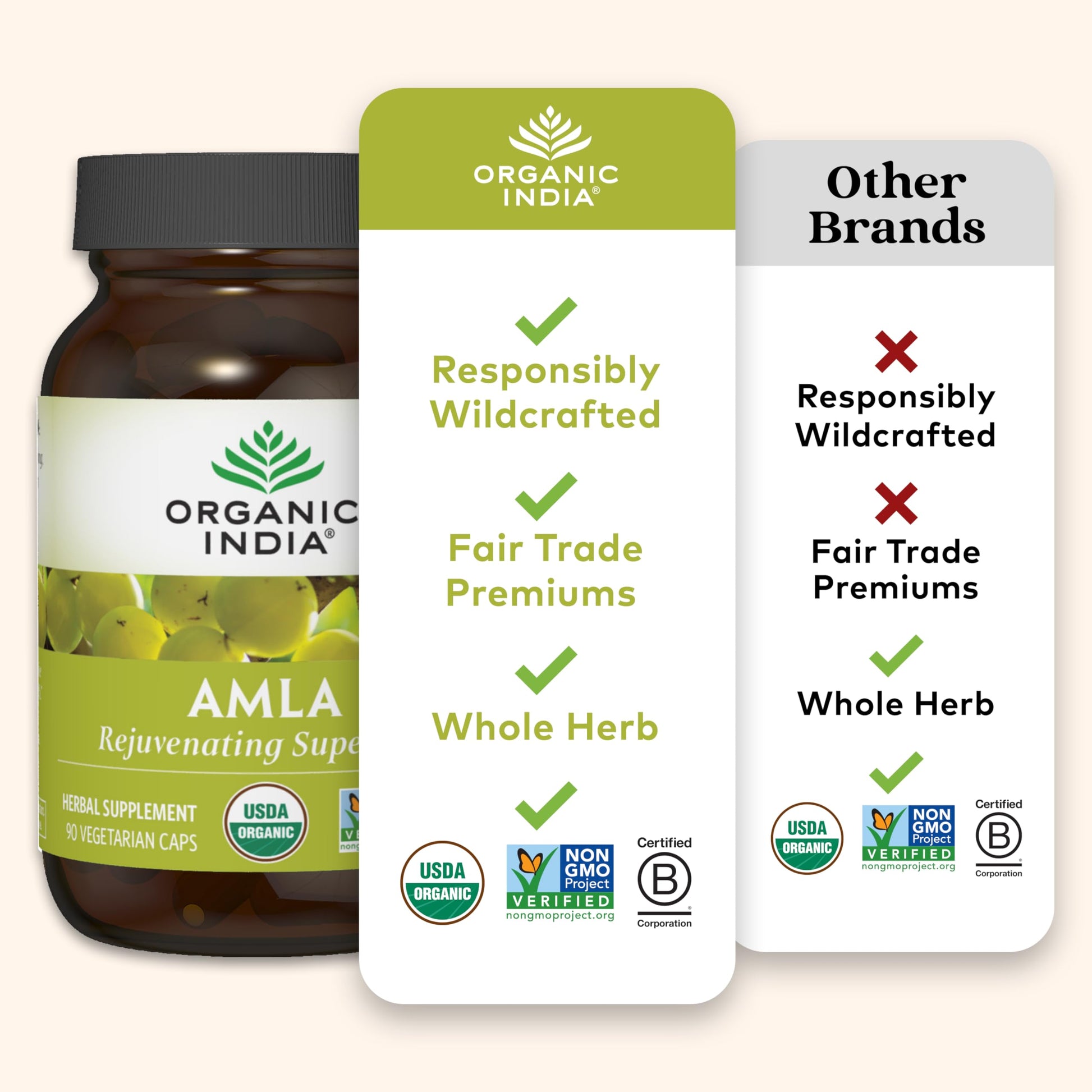Authentic imported bottle of Organic India amla showing certified organic security printing.