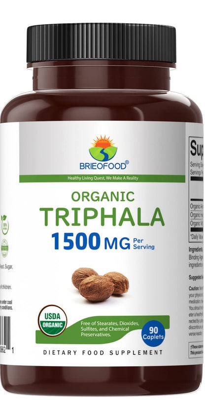 Brieofood Triphala supplement facts label showing 750mg per tablet organic certification