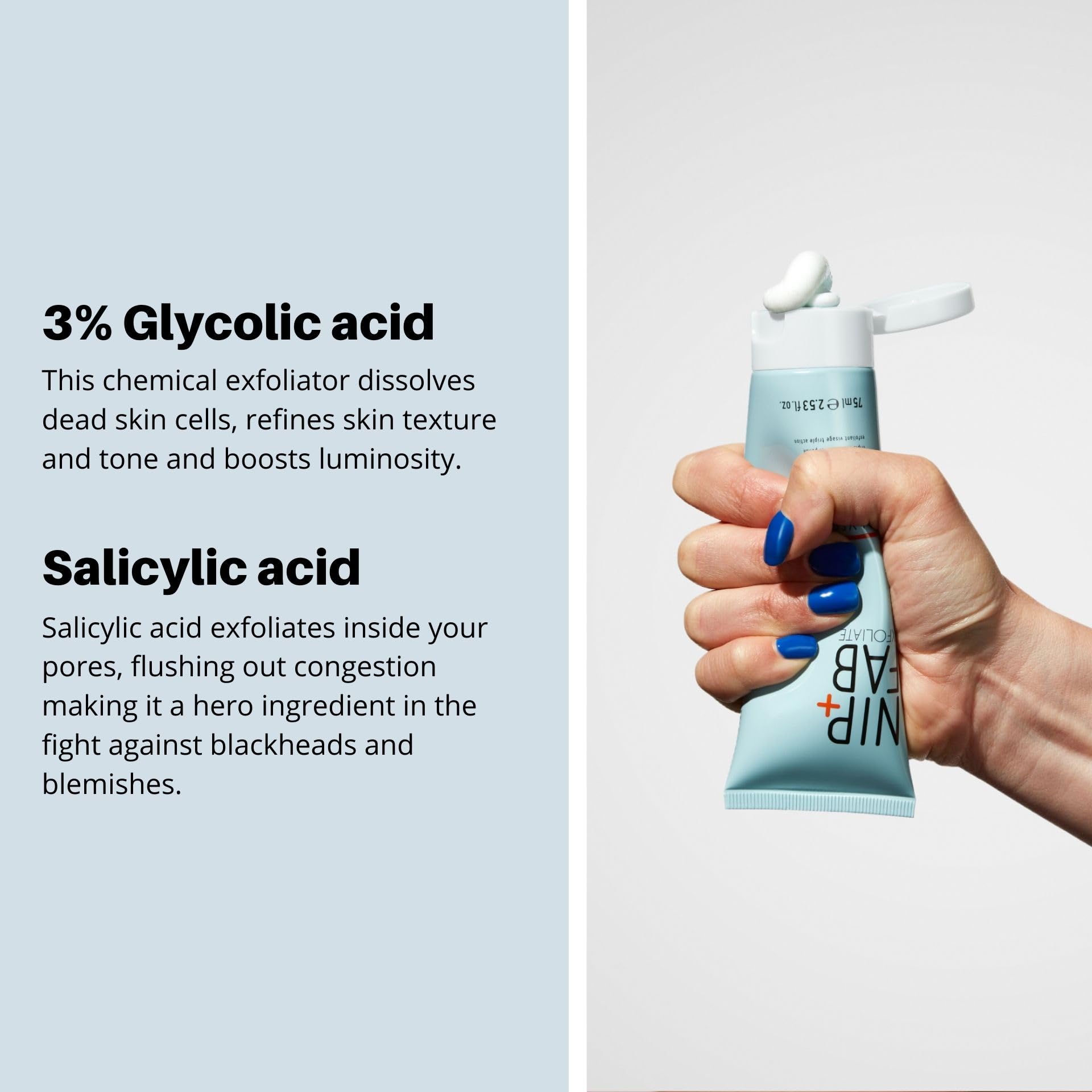 Nip + Fab Glycolic Fix pore refining facial scrub tube on flat lay