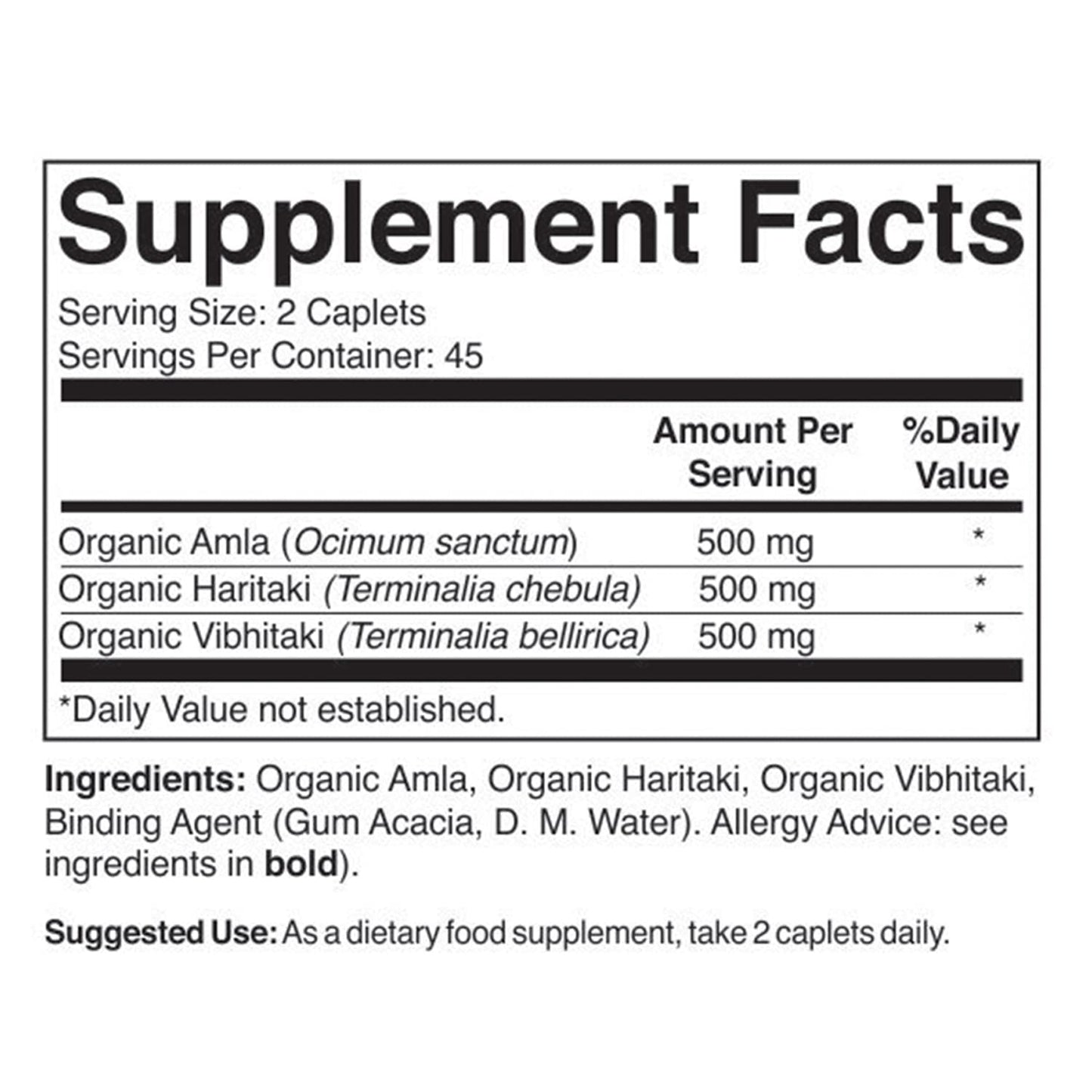 Brieofood Organic Triphala dietary supplement bottle showing allergy-friendly details
