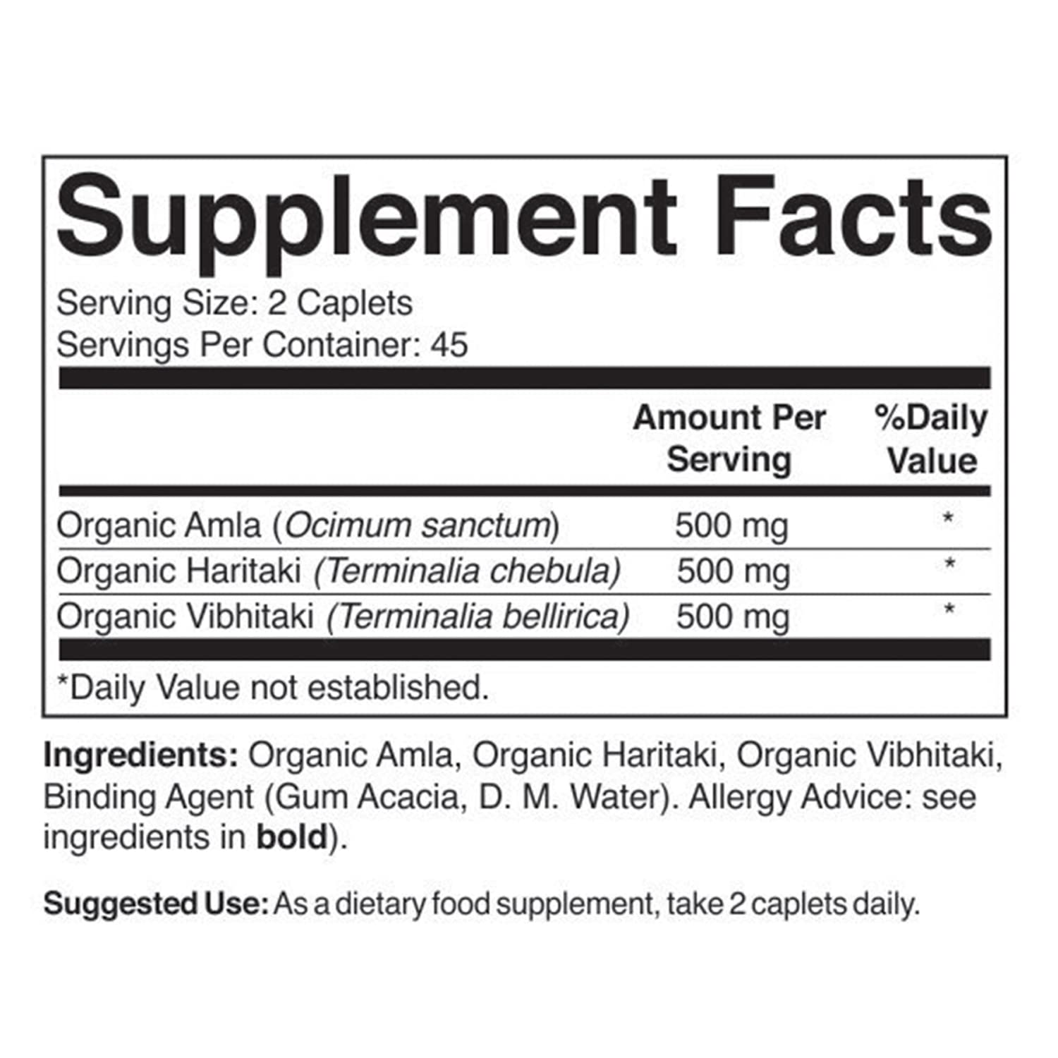 Brieofood Organic Triphala dietary supplement bottle showing allergy-friendly details